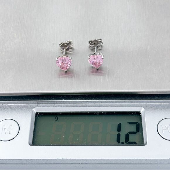 Vintage Sterling Silver 925 6.5mm Pink Heart Cubic Zirconia Stud Earrings - Picture 5 of 6